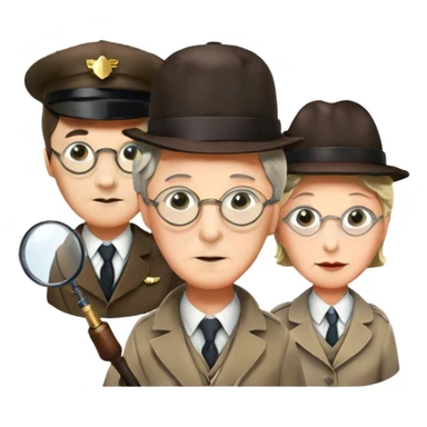 Icon for Detective Movies: A colorful collage with Sherlock Holmes, Miss Marple, and Pinkerton. Include magnifying glasses, clues, detective tools, a criminal and a policeman in the background. The design should evoke mystery and intrigue, with a classic detective movie feel. Transparent background. sticker