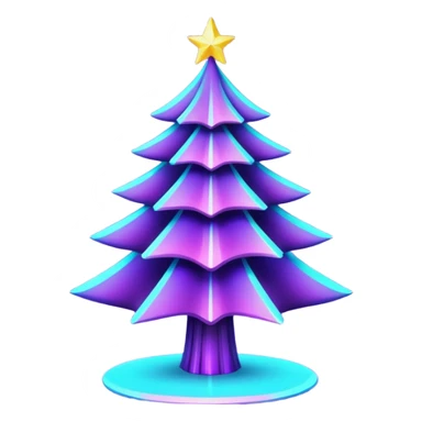 Futuristic glowing Christmas tree emoji with neon decorations, purple and cyan holographic glow, dark background, festive sparkles, no face. sticker