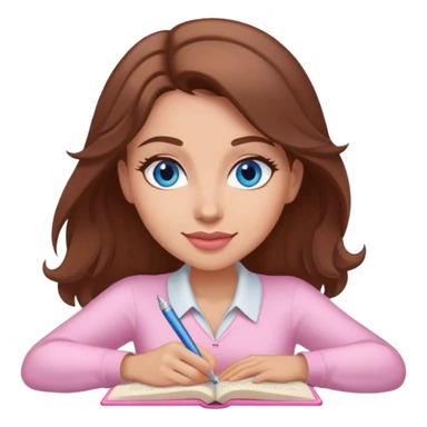 female writer happy, brown hair and blue eyes writing a light pink romance novel sticker