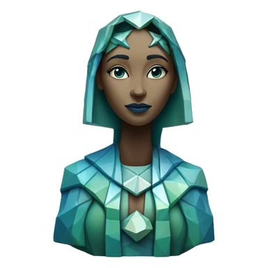 Sculpture oracle priestess with a geometric faceted design with disney features. Oracle of delphi is sparkling and standing upright on a base with angular and flower features. The vibrant blues neutrals and greens highlights the sharp edges and planes.  sticker
