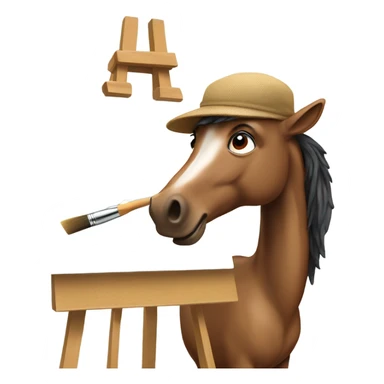 horse artist wearing a beret and standing in front of an easel with a paintbrush in his mouth sticker