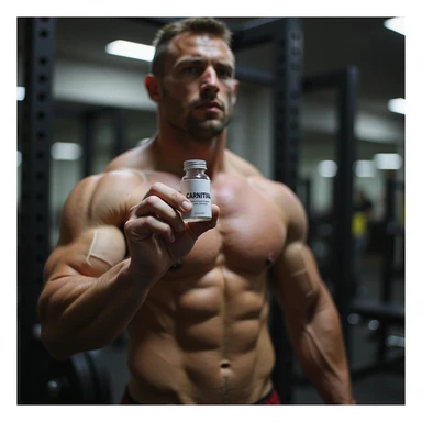 bodybuilder in gym, hyperrealism 4k, holding a vial with a label 'CARNITINA' in large block letters sticker
