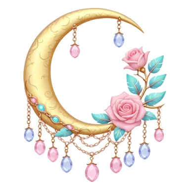 Rosy shiny glossy sparkly romantic pastel crescent damask moon with rose quartz pastel vines pastel gems pastel beads with feathers and chains  sticker