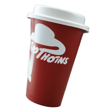 “Red Tim Hortons coffee cup with large white ‘Tim Hortons’ logo in script, black plastic lid, and a simple, clean design.” sticker