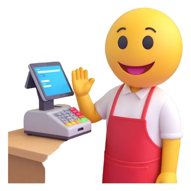 3D smiley emoji, round shape, wearing a store clerk apron, next to a cash register or shopping basket, with a funny and kind facial expression, transparent background sticker