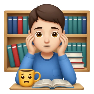emoji student stressed with books and coffee, exam, tired, white background sticker