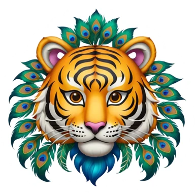Create an animation emoji of the Ponorogo Reyog from East Java, namely the tiger mask with the peacock dance, which is a typical Ponorogo dance. Above and behind the tiger's head is a peacock's head spreading its tail.  sticker