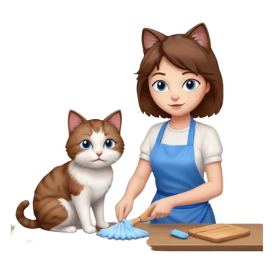 Cat cleaning with her mom in the kitchen they both have blue eyes and brown hair  sticker