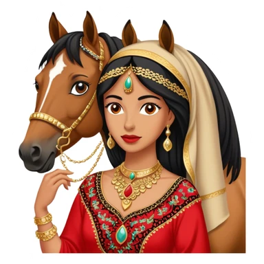 A woman in a Arab black and red embroidered dress poses beside a horse, wearing gold necklace  sticker