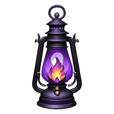A Discord emoji of a dark violet flame burning inside a black iron lantern. The lantern has sharp, gothic edges and a small 'streak' of light emerging from it. Dark fantasy aesthetic, bold outlines, vibrant purple fire, white background, high detail but simple enough to be visible at 32x32 pixels. sticker