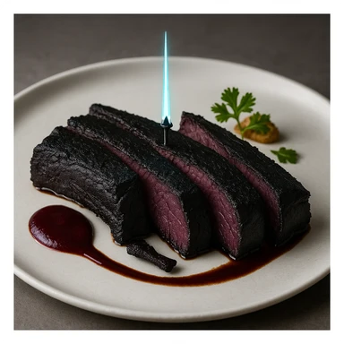 a delicious plate of smoked ribs, the color of the meat is succulent dark blackish purple, the 5 Michelin star dish is plated with a tiny energy sword piercing the center sticker