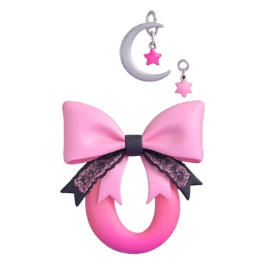 3D emoji style pink bow with gothic effect, ombre pink to black, silver crescent moon charm, and lace details sticker