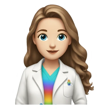 White young girl with long brown hair and blue eyes wearing a rainbow pharmacist coat sticker