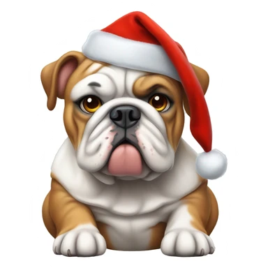 english bulldog with white pouty face wearing a christmas hat sticker
