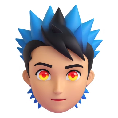 round emoji face left side black shadow, right side glowing golden, left eye red glowing, right eye blue calm, smirk tilted to the side confident, short spiky hair half black half golden, no background, silent power and confidence sticker