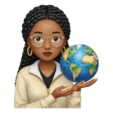 a young woman wearing fine gold round glasses and black hair in several box braids, no earrings, she has light black skin, and she's wearing a white shirt with a black quarterzip sweater. She's holding a globe in one hand sticker