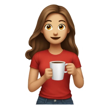 barista girl in a red t-shirt with long brown hair, with a cup of coffee in a hand sticker
