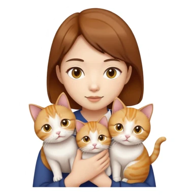 Asian girl, brown hair, brown eyes skin tone fair holding three cats one ginger, one yellow white one British short hair and cream colour sticker