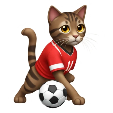 dark brown tabby cat playing soccer in a red soccer jersey sticker