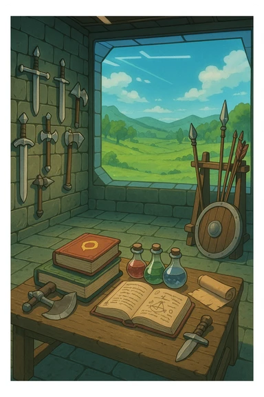 A virtual simulated training environment for combat drills, configured with swords, daggers, axes, maces, halberds, bow and arrows, and shields, as well as spell books and potions  sticker