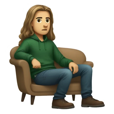 a web developer with long hair and a dark green sweatshirt sitting in a pose where the hand is on the knee forward and the second leg is under the booty , light-colored sofa , brown hair sticker