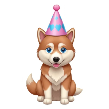 red siberian husky with blue eyes, sitting, wearing a pink party hat sticker