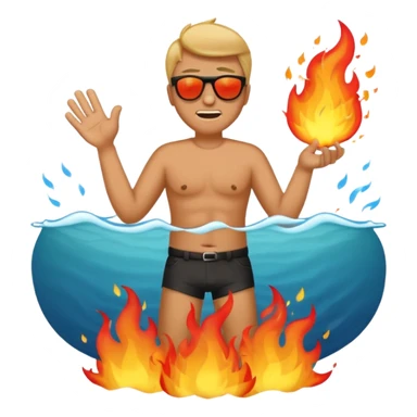 Comic emoji of man trying to fan himself because it's sunny then suddenly his butt is on fire but then it got bigger and then goes to the ocean but makes the fire bigger sticker
