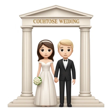 A 3D cartoon courthouse wedding venue with a bride and groom standing at the entrance, elegant white columns, soft natural lighting, simple modern decor, minimal background, realistic Memoji-style rendering. sticker