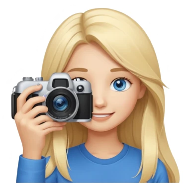  blue eyes blonde girl photographer cartoon taking picture in middle of taking picture camera in front of face long hair smiling funny flash professional, camera in front of face sticker