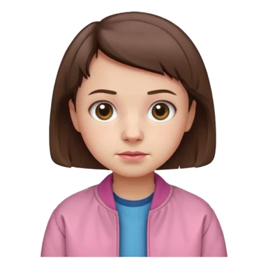 Create a cute emoji-style illustration of Eleven from Stranger Things: round face, big expressive eyes, short brown buzz-cut hair, pink jacket, simple nose and mouth, soft shading, bright colors, clean outline, minimal details, friendly expression, flat emoji style, white or transparent background. sticker