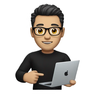     memoji of a man with a laptop in front, apple-style,modern,dark hair,black sweater,computer in hand,white skin, an avatar image gonna be round  sticker