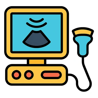 ultrasound machine, color outline icon style, focus on screen and probe sticker
