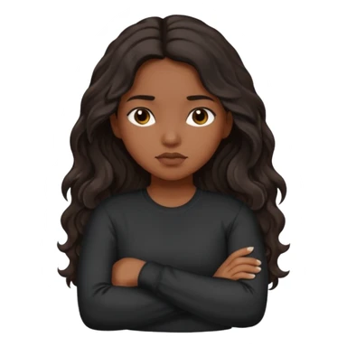 Hispanic girl dark long wavy hair crossing her arms with slight pout black long sleeve shirt sticker