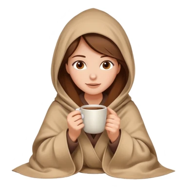 brown hair woman sitting under beige blanket, with a blanket over his head, holding cup of coffee, autumn mood sticker