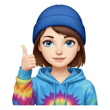 White woman with short brown hair  on her face under the beanie and blue eyes with long eyelashes and tiedye hoodie. i would like for her to be doing a thumbs up with one hand and be wearing a black beanie sticker
