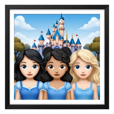 escribe el nombre Disneyland Paris y para titulo, pon a quatro chicas: una pelo corto negro, una pelo rizado largo, una pelo largo liso y la otra pelo ondulado mediano, esta con el ojos azules. Haz un cuadrado rectangular grande en grande blanco y por los lados pon a las chicas que te he descrito sticker