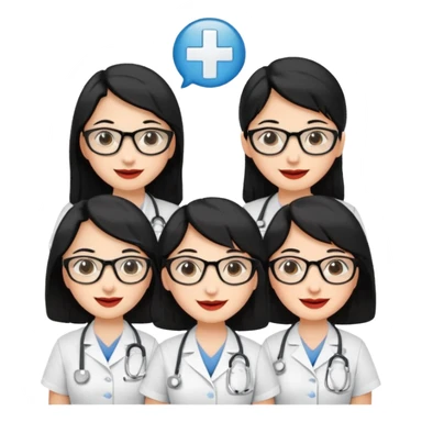 Genera emogis de 4 cuatro enfermeras de cabello negro largo, entre ellas que una tenga lentes y otra un lunar encima de los labios sticker