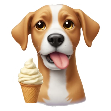 Dog with fluffy ears a chicken nose eating a ice cream sticker