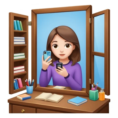 Girl sitting at vanity taking out picture with iphone 15 plus in the mirror and study materials on the vanity sticker