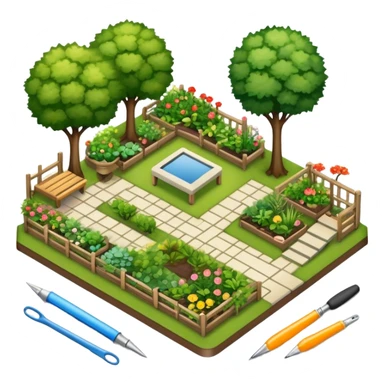 Icon for Landscape Design: a garden layout with trees, plants, pathways, and outdoor furniture, along with design tools like a ruler and sketchpad. The icon should represent the creativity and planning behind landscape design. Transparent background. sticker