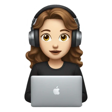 women with white skin and long brown wavy hair developing on a macbook with headset on, wearing a black t-shirt sticker