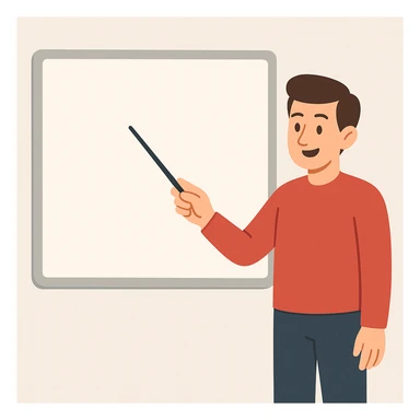 flat toon style man pointing with a stick at the white board sticker