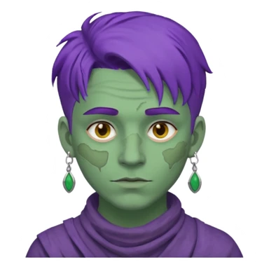 purple haired man with full full face dirty messy green clay mask and earrings sticker