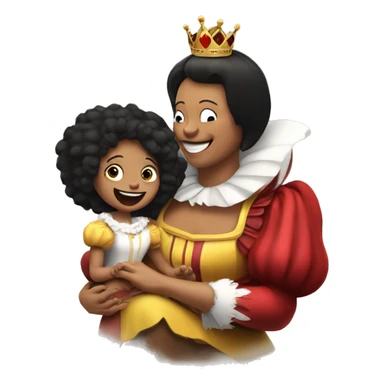 The queen of hearts tickling her daughter with a feather sticker