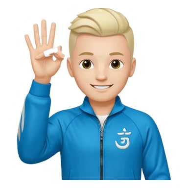 rapeur jul en emoji ios, blanc, rasé sur les cotés, cheveux au centre dressés au gel, signe J avec les mains, survet de l'om sticker