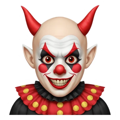 Crea un payaso que tenga toda la parte de la cara pintada de blanco que también de blanco esté la calva que no tenga pelo que tenga unas orejas como de duende, unos dientes picudos, unos cuernos de color negro y un traje de payaso rojo con negro sticker