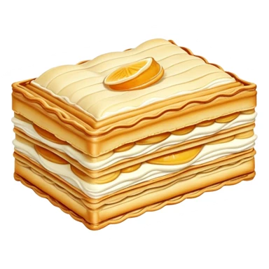 mille-feuille-cinematic-realistic-mille-feuille-dessert-emoji,-depicted-as-a-rectangular delicate-pastry-composed-of-two-crisp-layers-of-puff-pastry-with-a-rich-cream-filling,-rendered-with-intricate-textures-and-elegant,-soft-lighting. Please only show two layers only. sticker