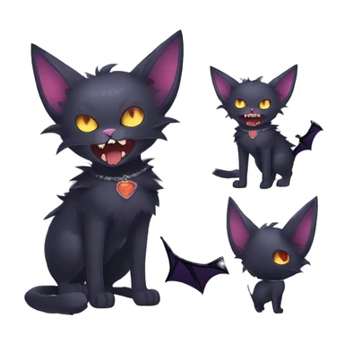   cool edgy kawaii ethereal dark-punk-themed animal vampiric cat-hybrid Fakemon with fangs and bat-wing-ears with a collar full body sticker