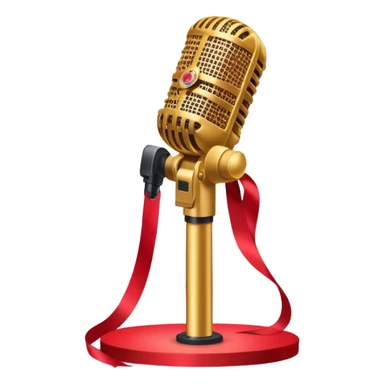 Create a vibrant and dynamic emoji that represents pop vocal performance without people. The design should feature a close-up of a classic stage microphone (retro-style) with a lanyard, set against a stage background. Add concert lighting, a celebratory salute of confetti or fireworks in the background, and musical notes forming a ribbon, symbolizing the performance and creativity of pop vocals. Include subtle elements like a formal stage costume to emphasize the professional aspect. Use bright, bold colors like gold, red, and neon to reflect the energetic and glamorous nature of pop vocal performance. The background should be transparent. sticker