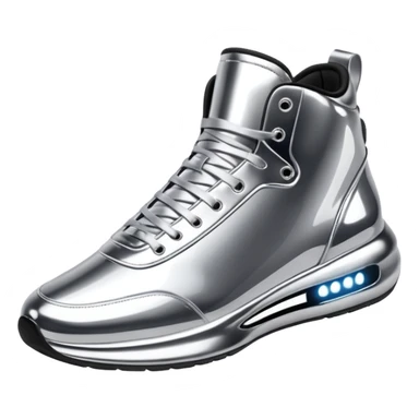 A pair of futuristic sneakers emoji made of silver chrome, sleek streetwear design, smooth metallic panels, subtle reflections, luxury swag aesthetic, iOS emoji style, centered, clean white background sticker